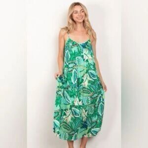 Very J Green & Blue Tropical Tiered Maxi Dress – Size L